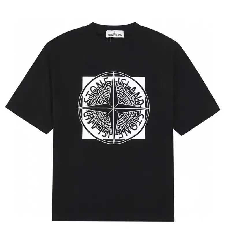 W626#P110💰 [Stone lsland/Stone Island summer new short-sleeved T-shirt with big compass print on the chest] ⚠️[Original creation with high control of details] - Made of 260 grams of combed cotton with 32-count double yarn, soft and comfortable to the touch, sweat-absorbent and breathable. - Simple, basic and versatile style, original quality, the first choice for couples. - Made in a large factory, four needles and five threads on the shoulder, neatly arranged, high quality workmanship. - Same style for men and women. Very versatile, one piece for everyone, details are clearly visible. Color: Black White Size: M L